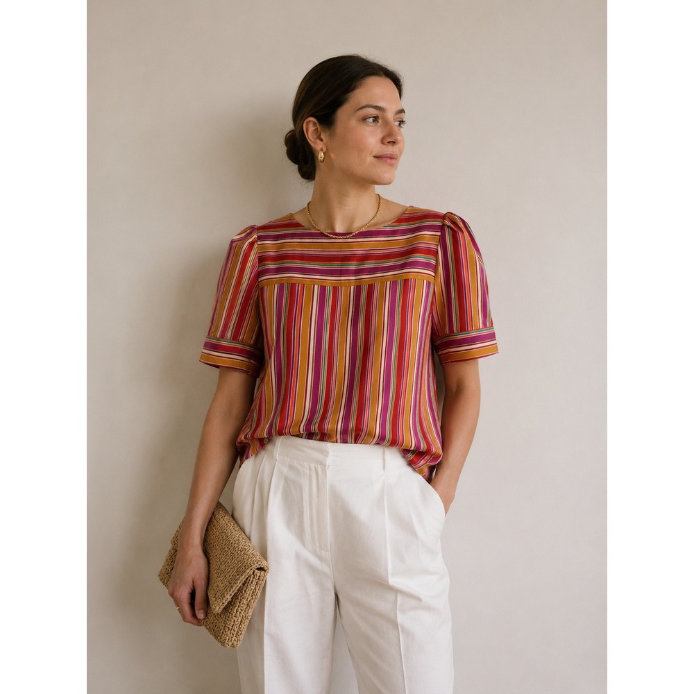 Vintage Yves Jennet Multicolor Stripe Blouse S/M Retro Colorful Statement Top